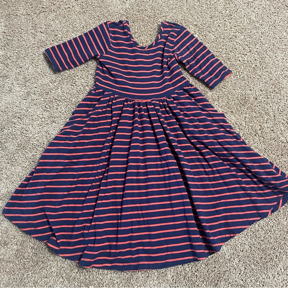 Hanna Andersson size 6-7 dress. Navy blue w/ orange-red stripes